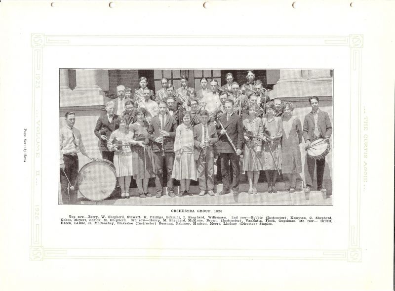 Volume_II Henry Berry, Wayne Shephard, George Stewart, Kenneth Phillips, George Schmidt, Irving Shepherd, Wilkinson, Instructor Bobbio. Loyde VanNatta, Lester Kempton, Clinton Shepherd, Bernice Nokes, Alfred Meyers, Gerald Shick, Marian Shepherd, Arthur Henry, Clifford McKune, Instructor Brown. Flock, Gigelman, Leslie Orcutt, Vern Hatch,  Flora LaRue, Harold McConahay, Instructor Blakeslee. Bossung, Emory Fahrney, Greta Hudson, Doris Moore, Director Ruth Lindsay. Staples,