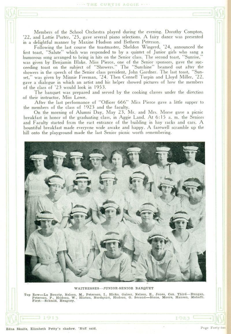 Volume_I LaBounty, Nelson, Peterson, Hicks, Theresia Gaiser, Mildred Nelson, Ruth Jones, Carrie Cox, Hazel Dungan, Peterson, Greta Hudson, Lenna Hinton, Erma Nordquest, Hudson, Stone, Doris Moore, Hansen, DeVona Mahaffie, Schmid, Heagney, Connell Turpin, Lloyd Miller, Minnie Freeman, Benjamin Blake,
