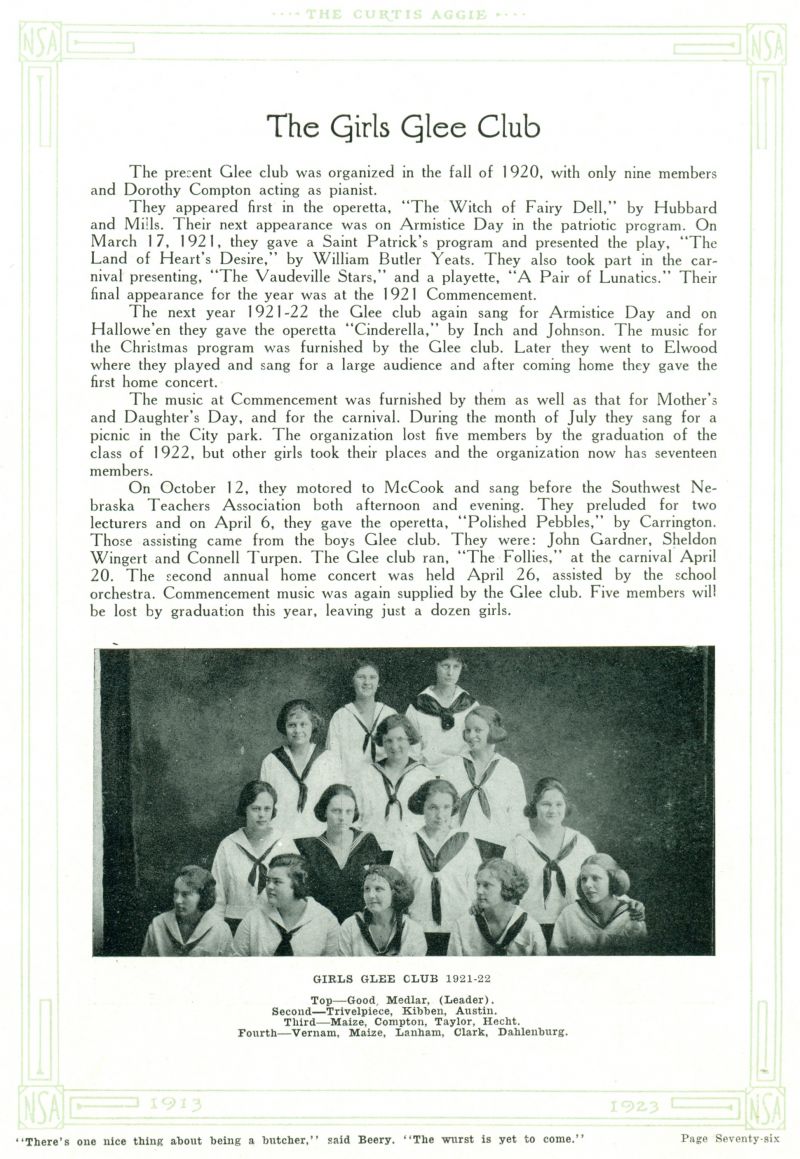 Volume_I Doris Good, Director Elsie Medlar. Marie Trivelpiece, Wilma Kibben, Ethel Austin, Nina Maize, Dorothy Compton, Harriett Taylor, Hecht, Frankie Vernam, Dorothy Maize, Ruby Lanham, Mildred Clark, Stella Dahlenburg,