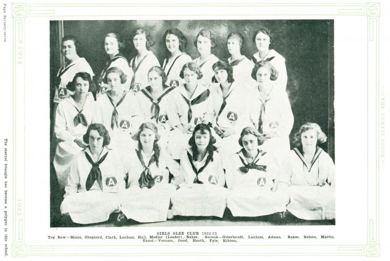 Volume_I Dorothy Maize, Bertha Shepherd, Mildred Clark, Lanham, Hazel Hall, Director Elsie Medlar. Edrie Baker, Gladys Osterhoudt, Lanham, Helen Adams, Bonnie Baker, Nellie Nelson, Mar Martin, Frankie Vernam, Doris Good, Bessie Heath, Helen Pyle, Wilma Kibben,