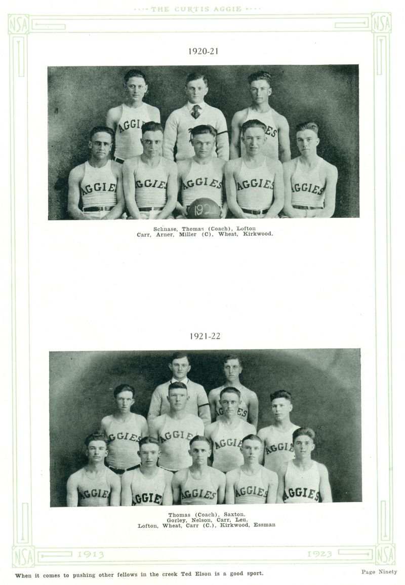 Volume_I Lester Schnase, Coach Dwight Thomas. Harley Lofton, Tom Carr, Erwin Arner, Lloyd Miller, Neil Wheat, George Kirkwood, Louis Saxton, LaVern Gorley, Nelson, Harvey Carr, Frank Leu, Harley Lofton, Neil Wheat, Tom Carr, George Kirkwood, John Essman,