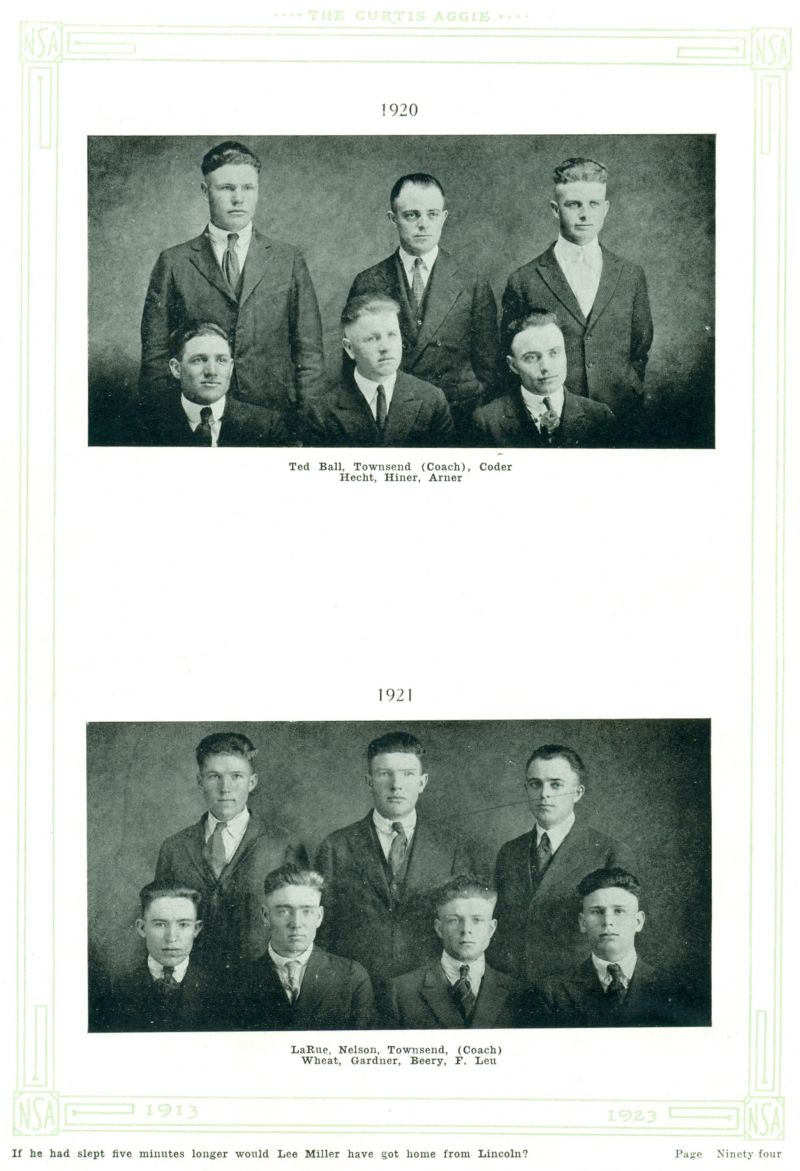 Volume_I Ted Ball, Coach Louis Townsend. Harold Coder, Floyd Hecht, James Hiner, Erwin Arner, Clarence LaRue, Donald Nelson, Neil Wheat, John Gardner, Arvel Beery, Frank Leu,
