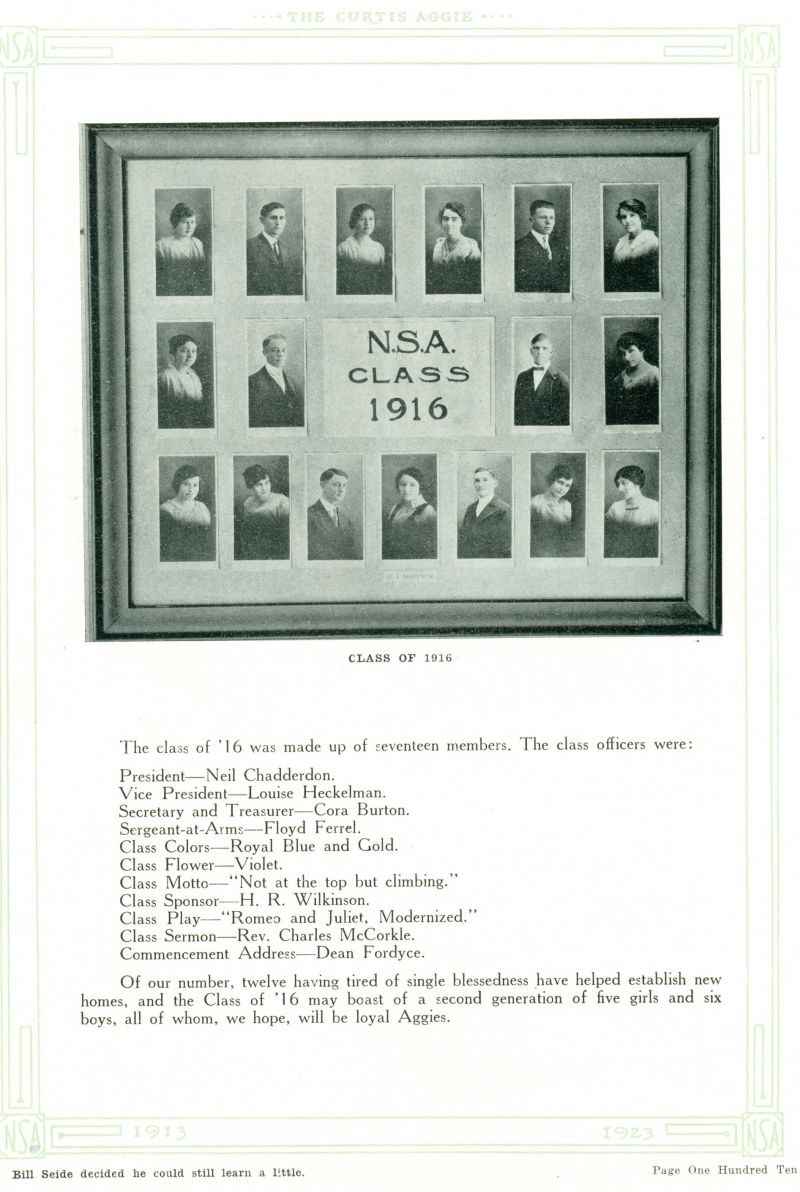 1916 Roy Ames, Cora Burton, Neil Chadderdon, Hazel Cronk, Lynn Cosgrove, Floyd Ferrell, Bennet Heckelman, Louise Heckelman, Grace Kirkwood, Gilbert Moore, Nellie Price, Ilma Razee, Delia Reeves, Laura Rice, Elizina Scherer, Neva Taylor, Selina Ward, Hazel Wyckoff,