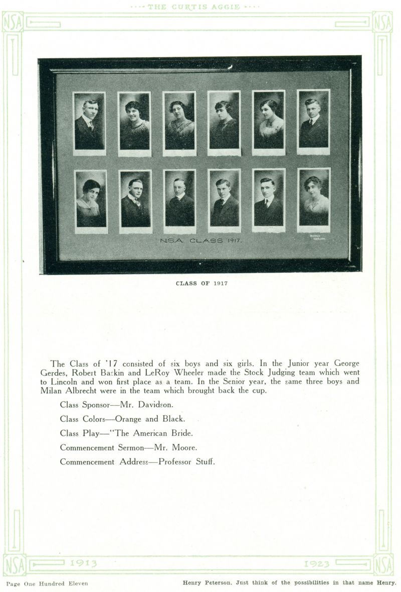 1917 Harry Adams, Milan Albrecht, Della Ball, Robert Baskin, Cleo Burton, George Gerdes, Ralph Grosbach, Ethel Humphry, Gladys Powell, Garnett Pyle, Ardis Taylor, Leroy Wheeler,