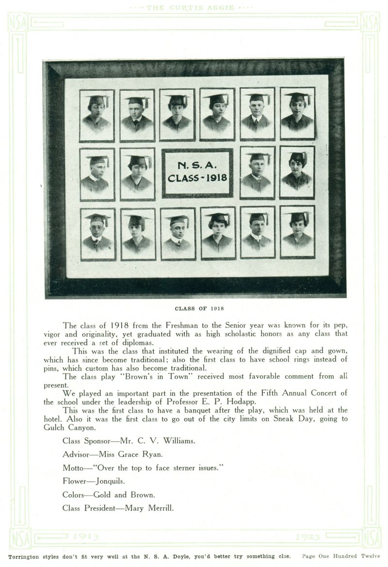 1918 Louis Albrecht, John Anderijeski, Frank Arner, John Bauer, Esther Beal, Haster Chadderdon, Helen Dillman, Nellie Elson, Erwin Gardner, Marie Jensen, Crystabell Lanham, Mary Merrill, Frances Penner, Oliver Ramles, Forrest Roop, Lewis Saxton, Merrill Smith, Frank Ward,