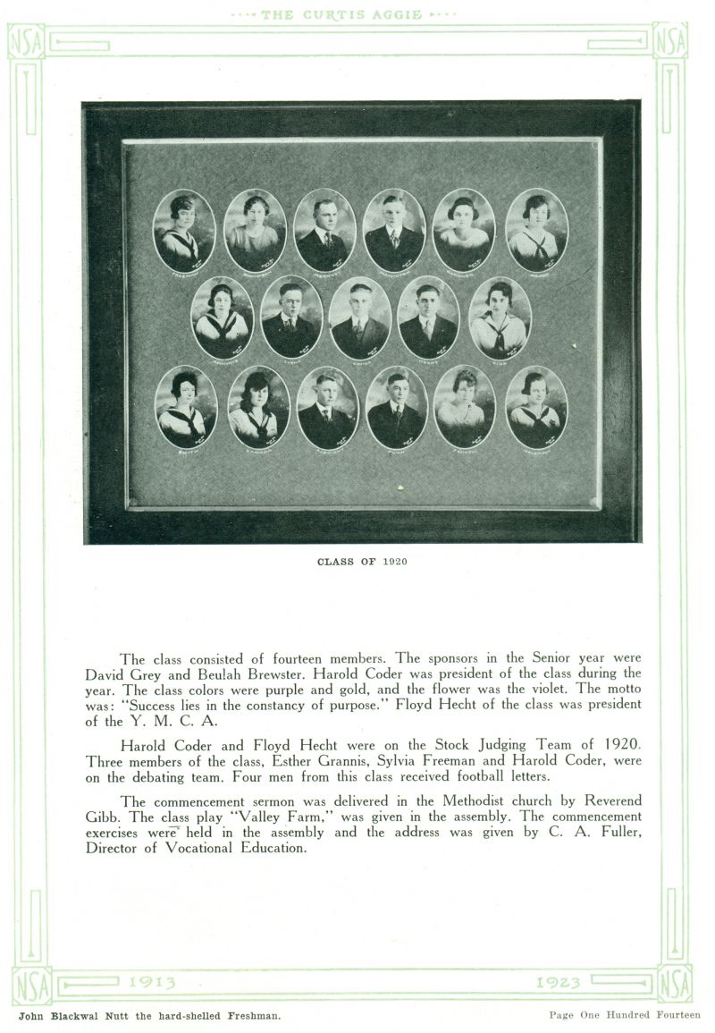 1920 Sylvia Freeman, Lucy Davidson, William Merrill, Homer Hamilton, Hazel Gardner, Beth Razee, Esther Grannis, William Light, Harold Coder, Floyd Hecht, Barbara Gibb, Grace Smith, Ruby Lanham, Fred Albrecht, Rodney Funk, Carrie Ferrell, Mary Wiseman,