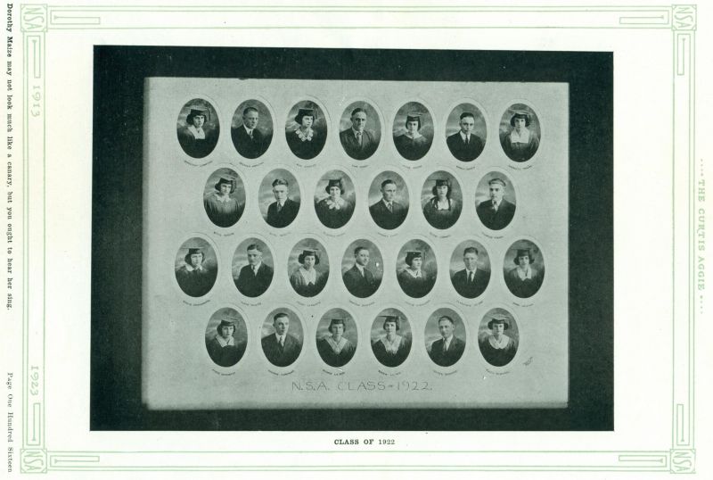 1922 Dorothy Compton, Spencer Hamilton, Eva Staples, Tom Carr, Nina Maize, Edwin Arner, Harriett Taylor, Ethel Austin, Neil Wheat, Mildred Heath, Harvey Carr, Ellen Jensen, Charles Facka, Stella Dahlenburg, Lloyd Miller, Mary Langevin, Winford Bossung, Jennie Cleveland, Clarence LaRue, Dora Wiseman, Marie Nordquest, George Kirkwood, Clara LaRue, Edith LaRue, Lester Schnase, Ellen Dybdahl,Connell Turpin,