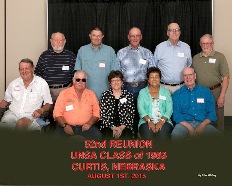 Reunions - Not visible to the public -
Back Row L-R: 
Dick Jones, Roy Wolgomatt, Ronald Gilliland, Dean Speth, Ernest Unger,
<br>Front Row L-R:
Doug Baker, Ray Arehart, Joan Petersen, Pete Petersen, Judy Younkin, Jim McGooden,