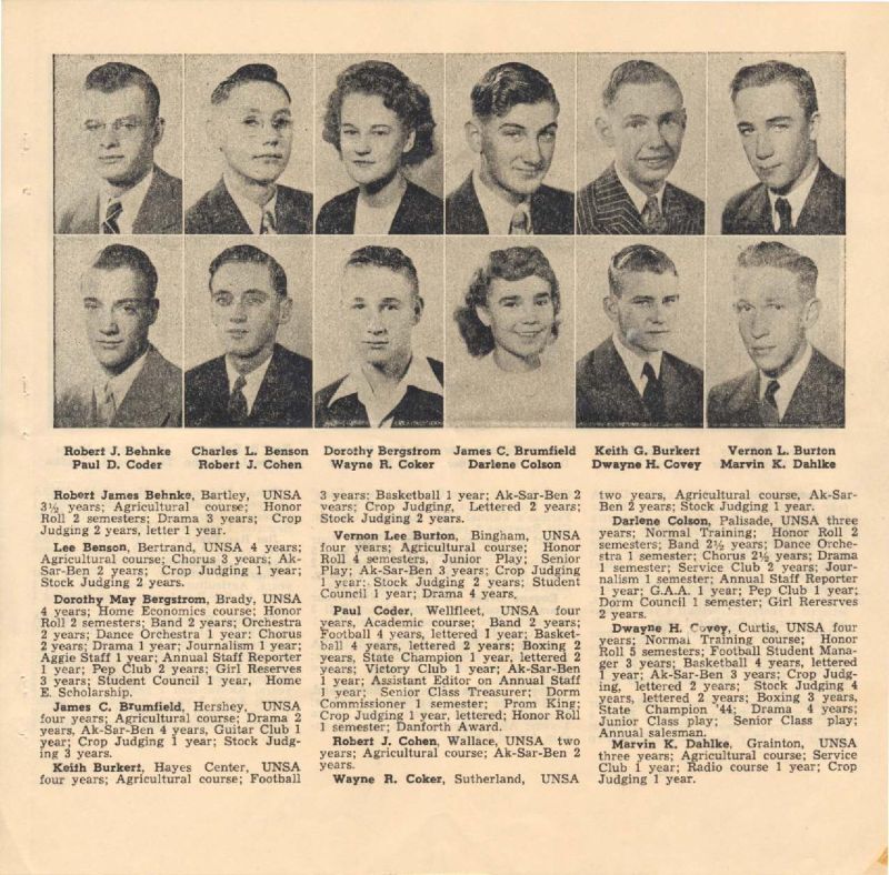 1946 Robert Behnke, James Behnke, Lee Benson, Paul Coder, Charles Benson, Robert Cohen,  Dorothy Bergstrom, Wayne Coker, James Brumfield, Darlene Colson, Keith Burkert, Dwayne Covey, Vernon Burton, Marin Dahlke, 