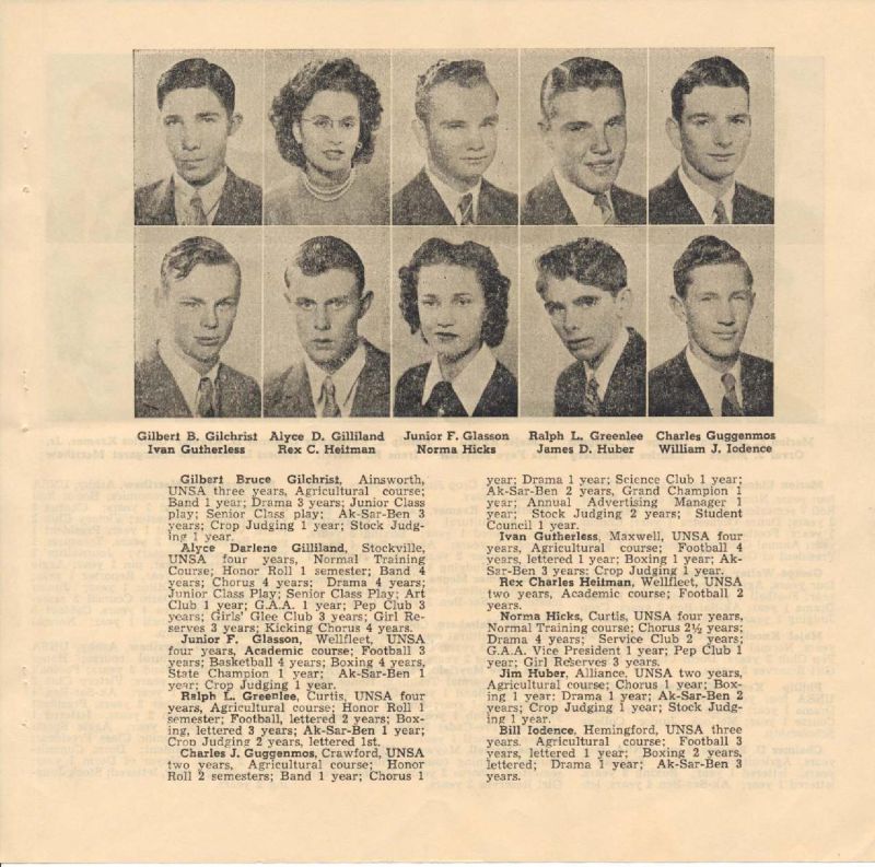 1946 Gilbert Gilchrist, Ivan Gutherless, Alyce Gilliland, Rex Heitman, Junior Glasson, Norma Hicks, Ralph Greenlee, James Huber, Charles Guggenmos, Willian Iodence,