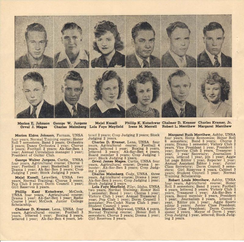 1946 Marion Johnson, Orval Magee, George Jurgens, Majel Knoell, Lola Mayfield, Faye Mayfield, Charles Kramer, Margaret Merrihew,