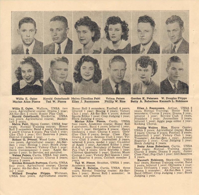 1946 Willis Ogier, Marian Pierce, Alice Pierce, Melva Pahl, Claudine Pahl, Ellen Rasmussen, Velma Peters, Phillip Rice, Gordon Petersen, Betty Robertson, Douglas Phipps, Kenneth Robinson,