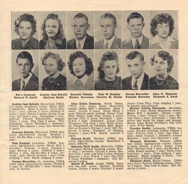1946 Edward Smith, Audrey Schultz, Jean Schultz, Marjorie Smith, Kenneth Schultz, Shirley Stevenson, Dale Scripter, Dorothy Stoller, George Showalter, Kenneth Strawder, Alice Simmons, Elizabeth Swob,