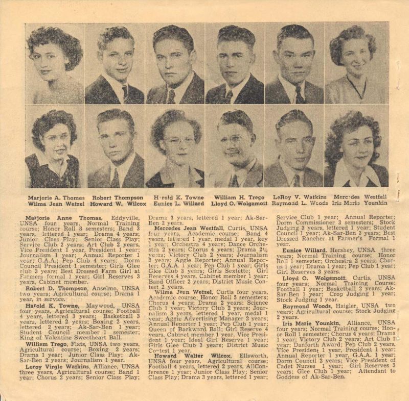 1946 Marjorie Thomas, Wilma Wetzel, Jean Wetzel, Robert Thompson, Howard Wilcox, Harold Towne, Eunice Willard, William Trego, Lloyd Wolgamott, Leroy Watkins, Raymond Woods, Mercedes Westfall, Iris Younkin, Marie Younkin,